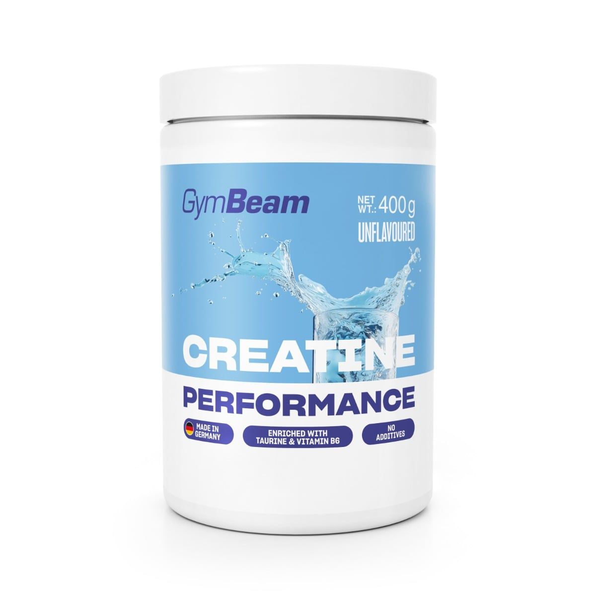 GymBeam Kreatin Performance Monohydrat Pulver in weißem Behälter mit blauem Etikett, 400g.