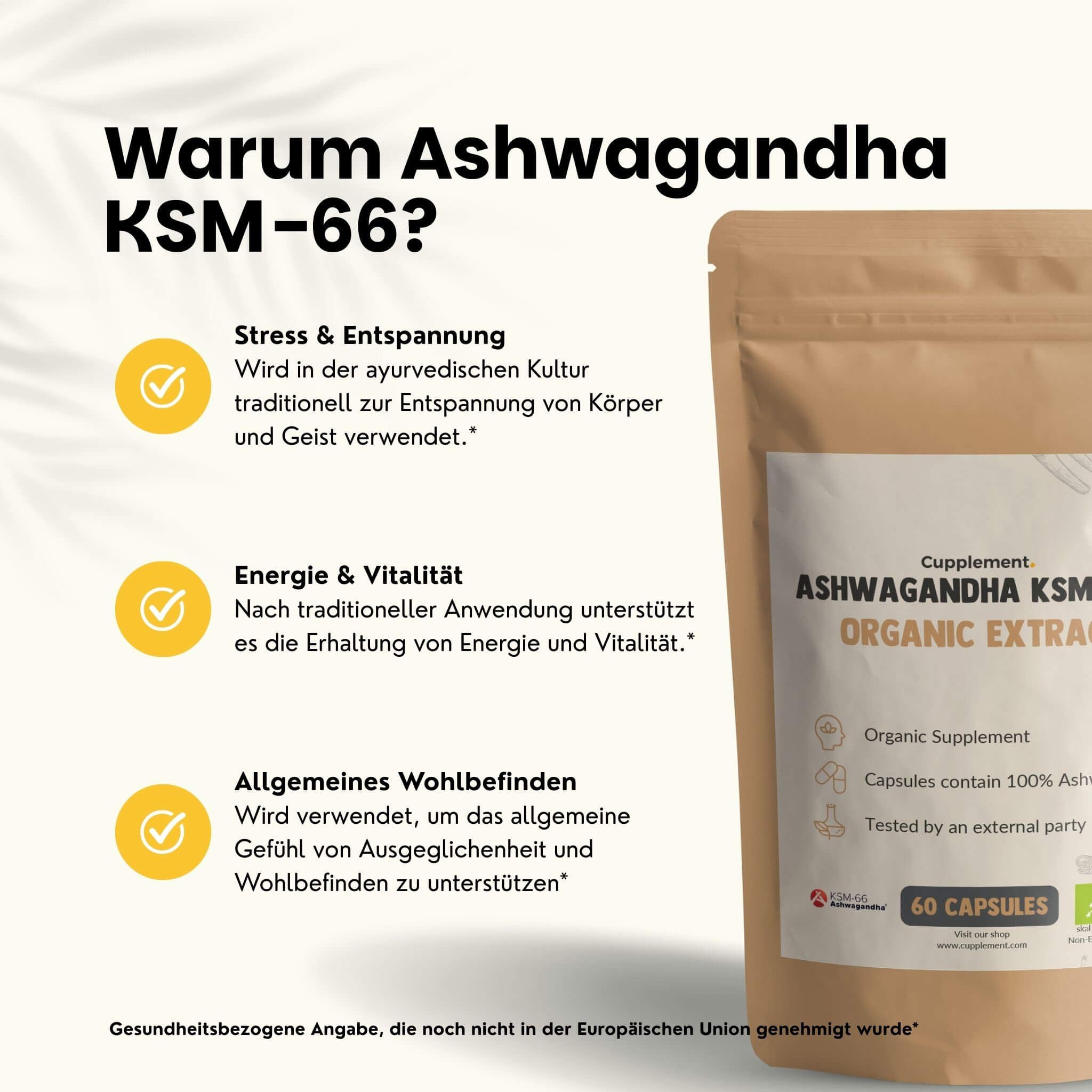 Beutel mit Kapseln. Aufschrift: Ashwagandha KSM-66 Organic Extract. 60 Kapseln. Text: Warum Ashwagandha KSM-66?