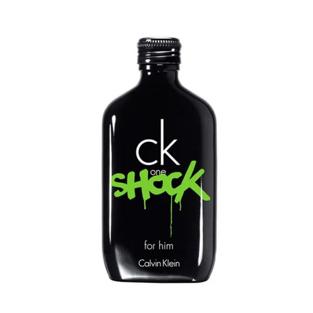 Schwarze Flasche mit grünem "SHOCK"-Schriftzug. "ck one" und "for him" sind ebenfalls zu sehen. Calvin Klein.
