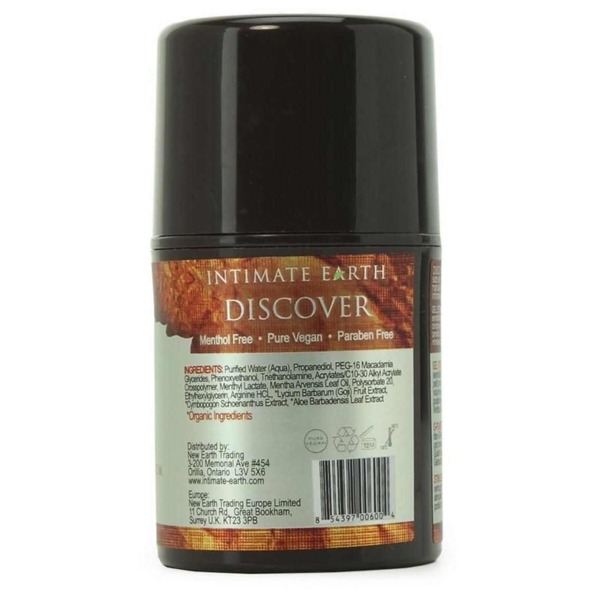 Rückseite einer Flasche. Etikett mit Inhaltsstoffen, "Intimate Earth", "discover" und Kontaktinformationen.