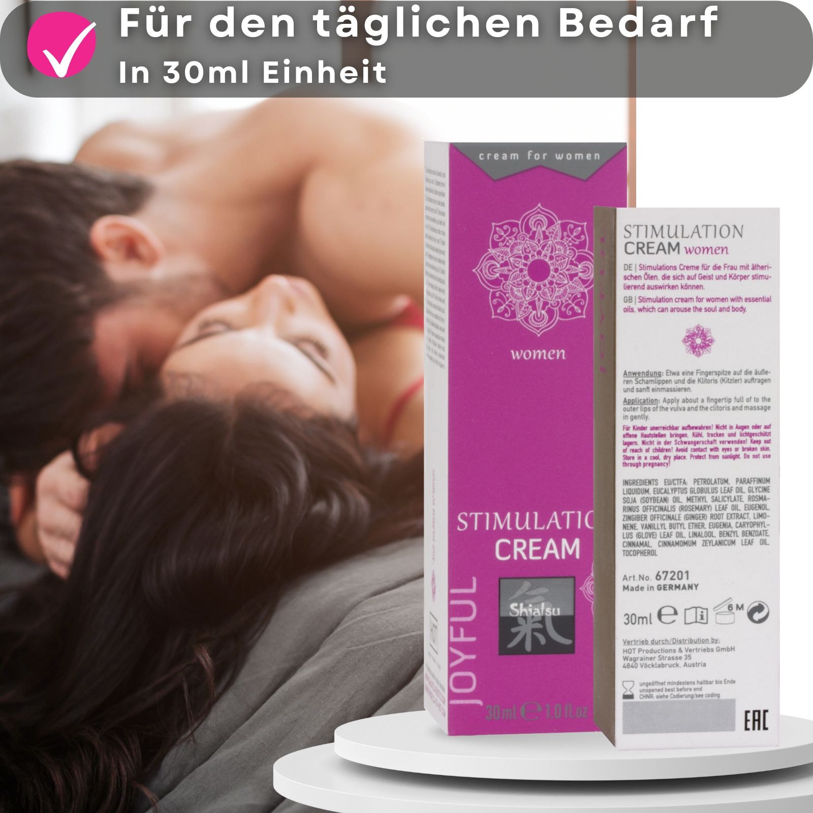 Rosa Tube und Schachtel. Aufschrift: Stimulation Cream, Shiatsu, Joyful. Text und Paar im Bett.