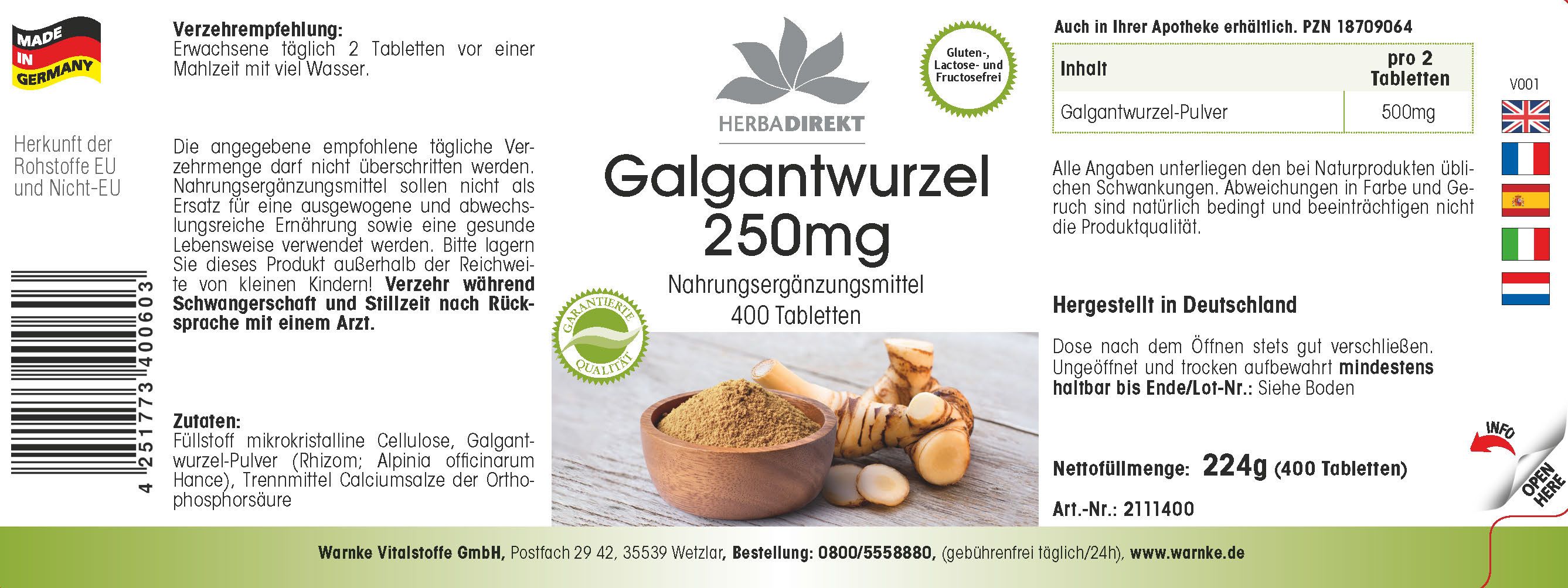 Etikett mit Produktinformationen. Aufschrift: Galgantwurzel 250mg, 400 Tabletten. Logo: Herbadirekt. Abbildung: Galgantwurzel und Pulver.
