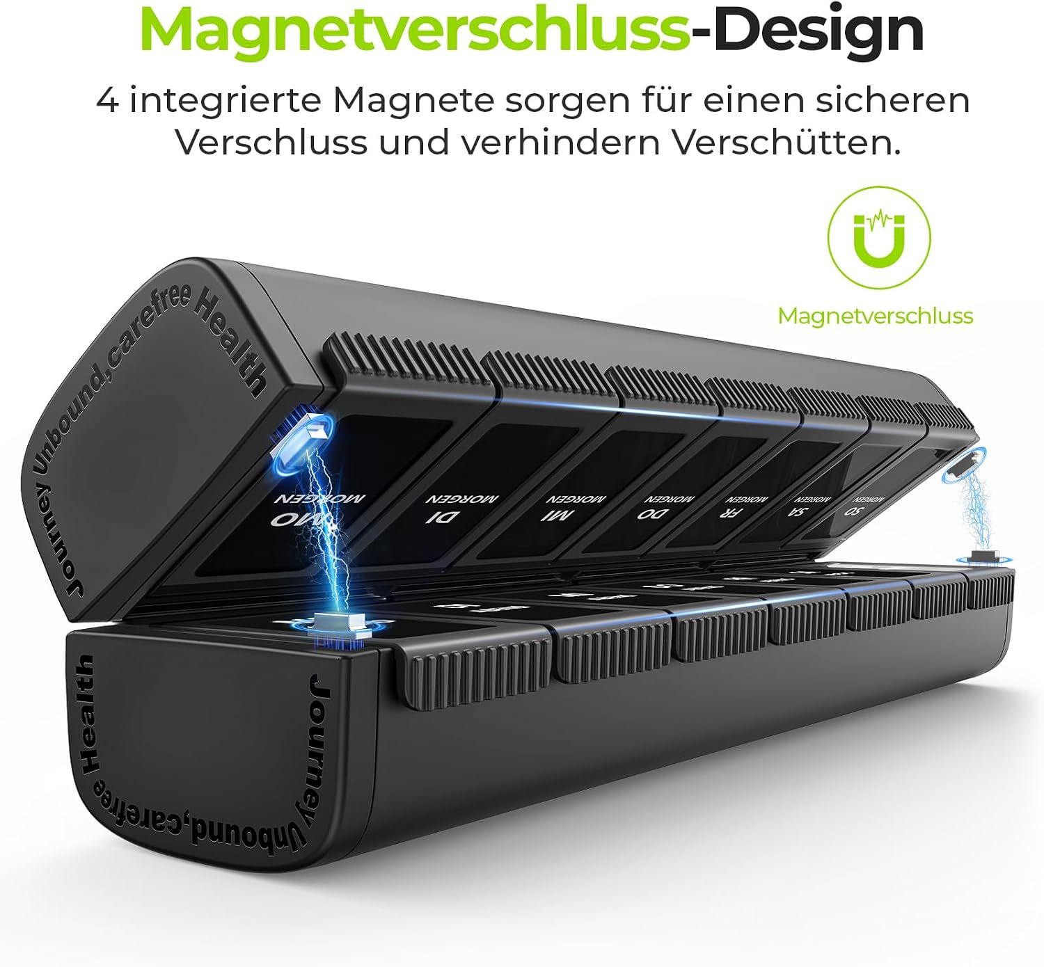 Schwarzer Pillen-Organizer mit 7 Tagesfächern, jeweils für Morgen und Abend.