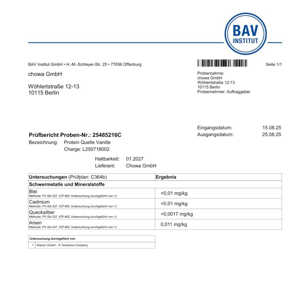 Prüfbericht des BAV Instituts. Bezeichnung: Protein Quelle Vanille. Ergebnisse: Schwermetalle und Mineralstoffe. Analyseergebnisse.