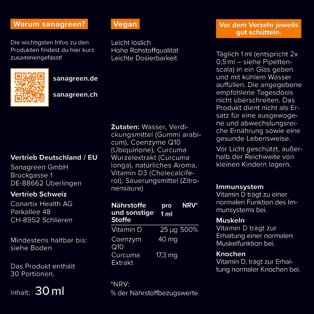 Produktinformationen auf weißem Hintergrund. Zutaten, Nährwerte, Anwendungshinweise und Kontaktinformationen. 30 ml Inhalt.