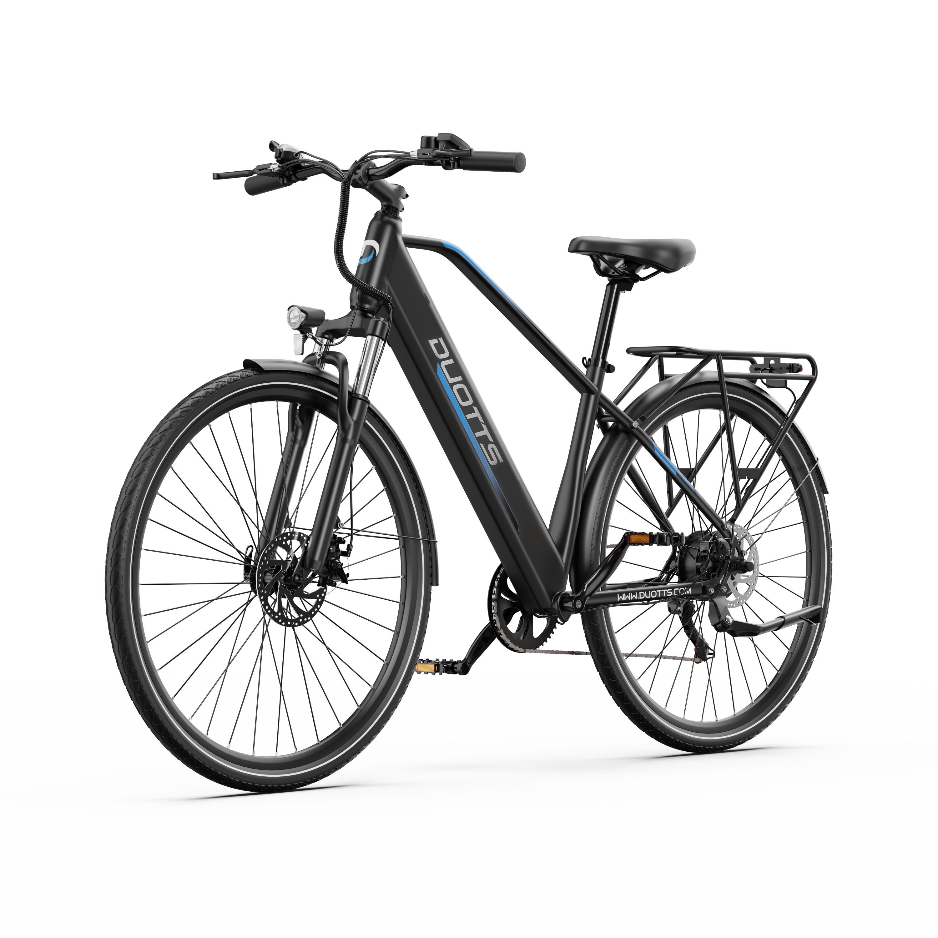 Schwarzes DUOTTS C29Lite E-Bike. Frontscheinwerfer, Gepäckträger, Scheibenbremsen. Blaue Akzente am Rahmen.