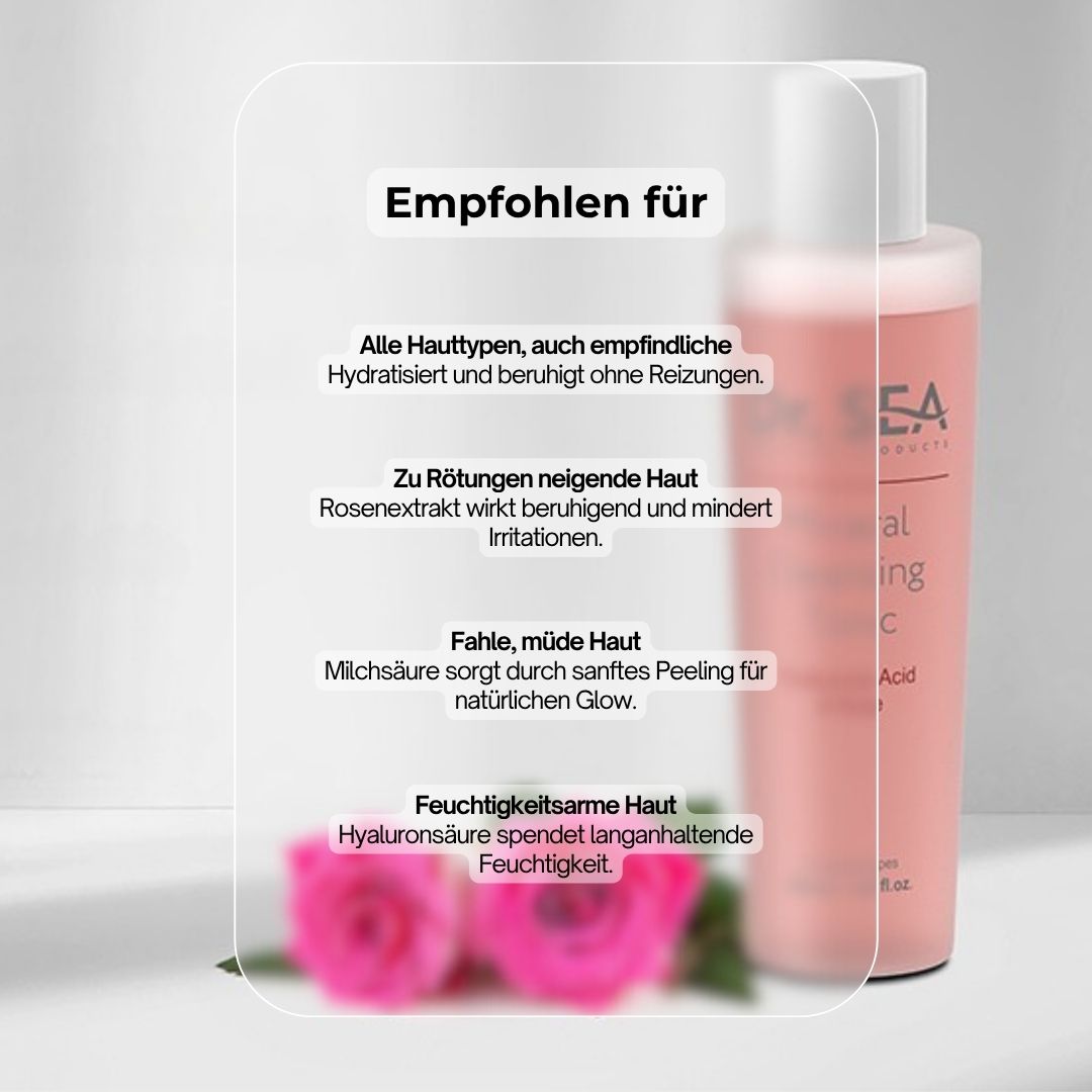 Rosa Tonic-Flasche mit Text. Aufschrift: Dr. Sea, Mineral Cleansing Tonic, Hyaluronsäure & Rose. 200 ml. Empfohlen für...