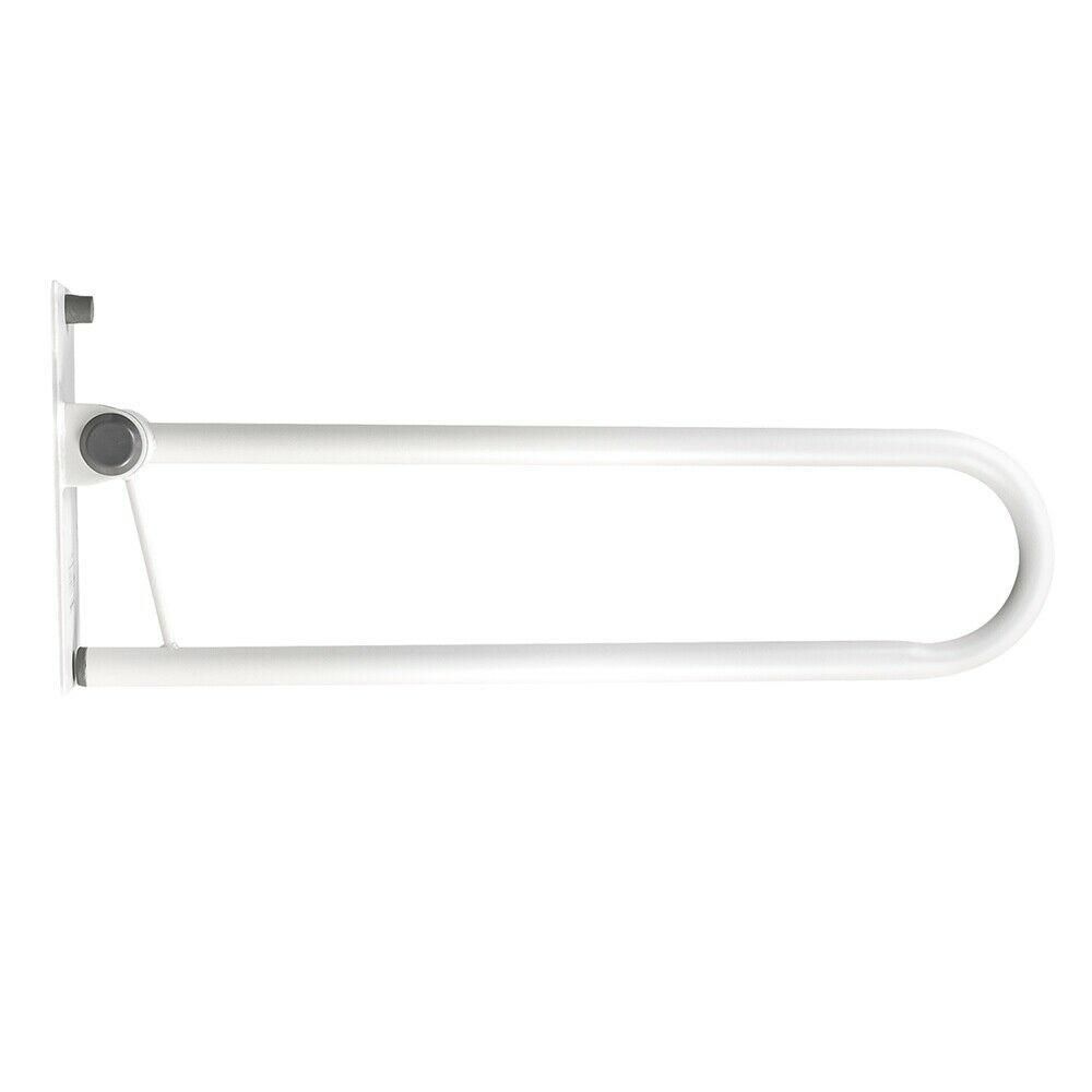 Weißer, klappbarer Haltegriff. U-förmig, mit Wandhalterung und Stützstrebe. Metallkonstruktion.