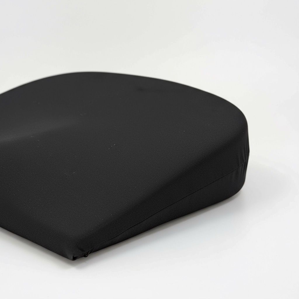 Schwarzes, keilförmiges Sitzkissen. Oberseite abgerundet, Unterseite flach. Stoffbezug.