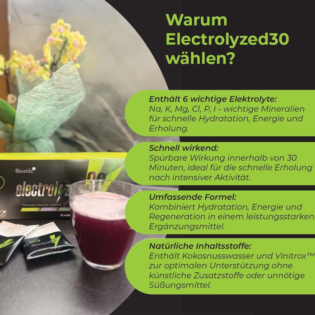 Biostile Electrolyzed30 Elektrolyt-Pulver Schachtel neben einem Glas mit Getränk und Beuteln.