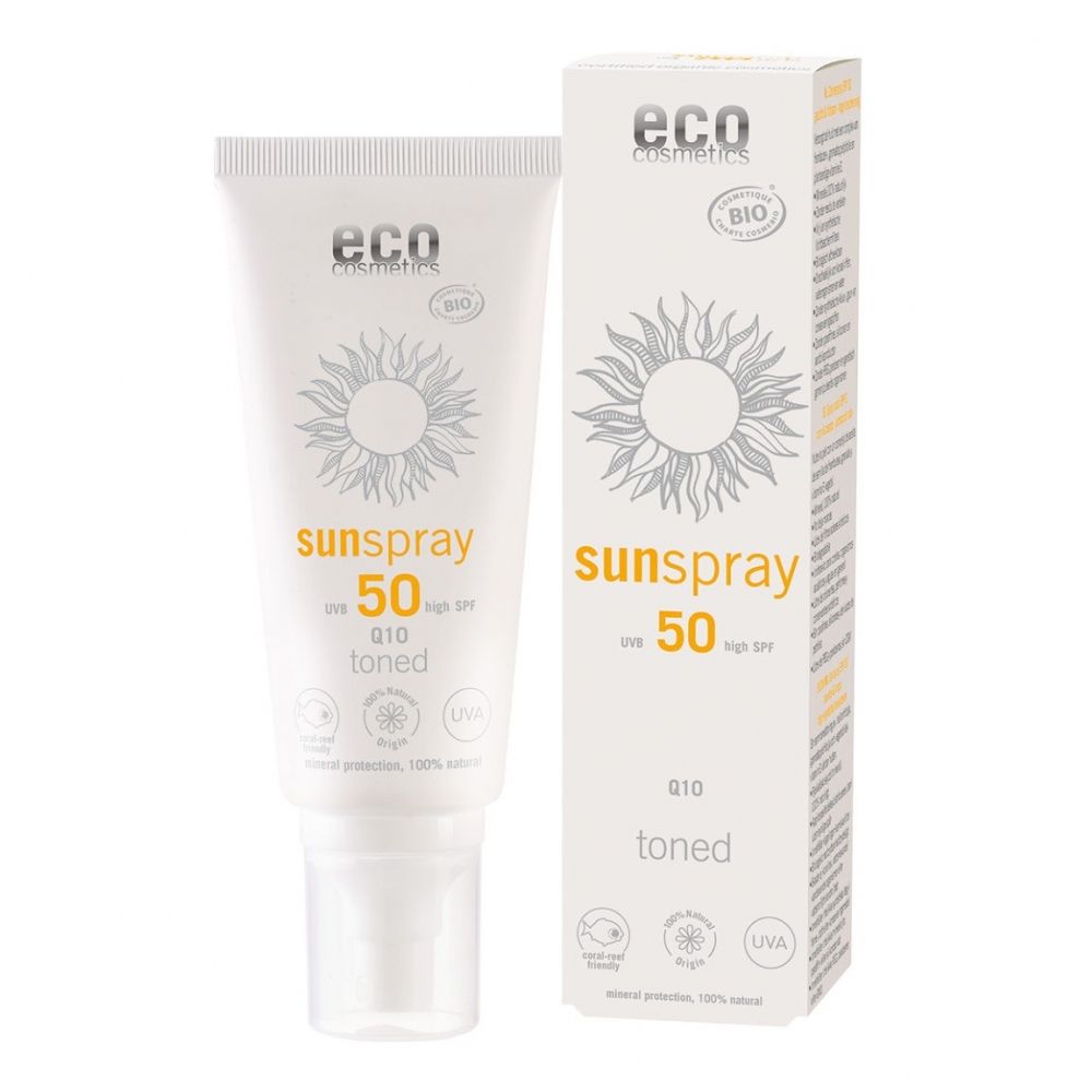 Sonnencreme-Tube und -Verpackung. Aufschrift: sunspray 50, Q10, getönt. Bio-Siegel. Sonnenblumen-Illustration.