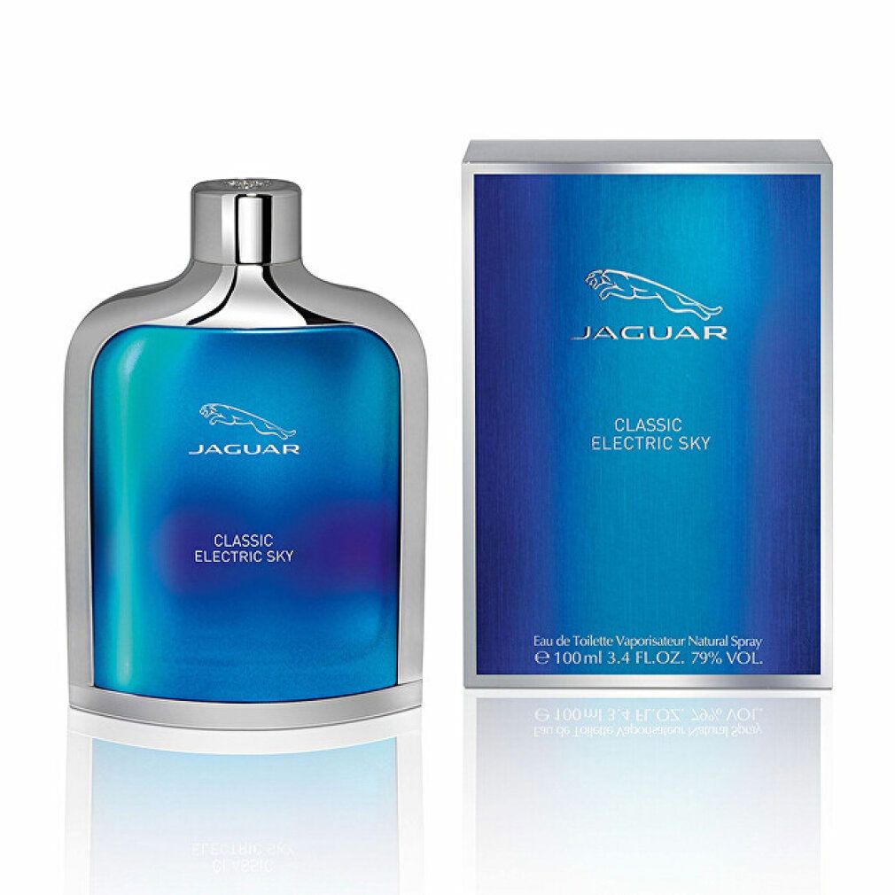 Flakon und Karton nebeneinander. Flakon blau, Karton blau. Aufschrift: Jaguar Classic Electric Sky.