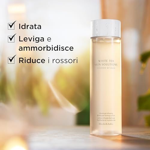Flasche mit weißem Deckel. Aufschrift: White Tea Skin Solutions. Text: Moisture Infusing. Check-Zeichen.
