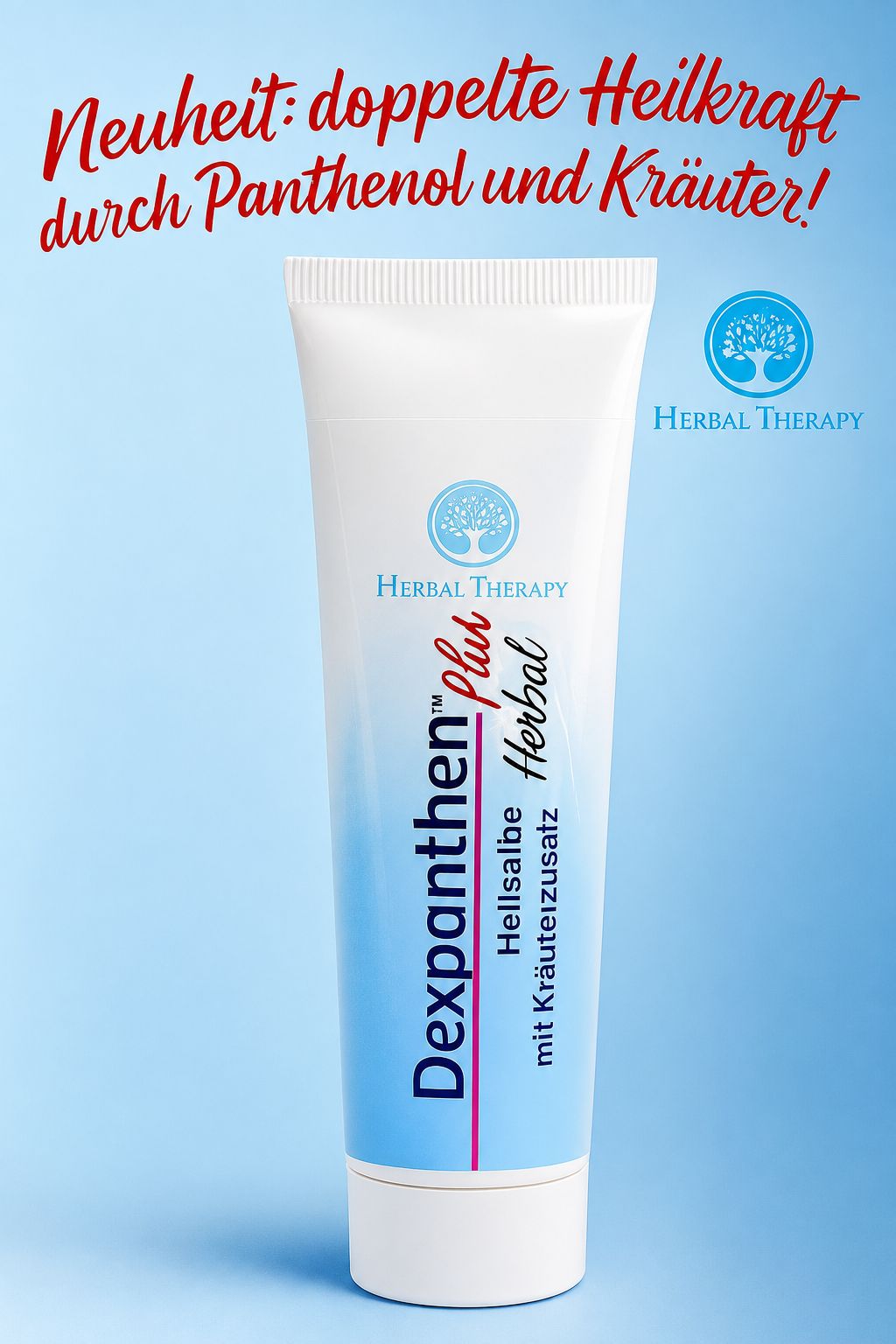 Weiße Tube mit blauem Farbverlauf und Text: Dexpanthenol Plus Herbal, Heilsalbe mit Kräuterzusatz. Logo: Baum in Kreis.