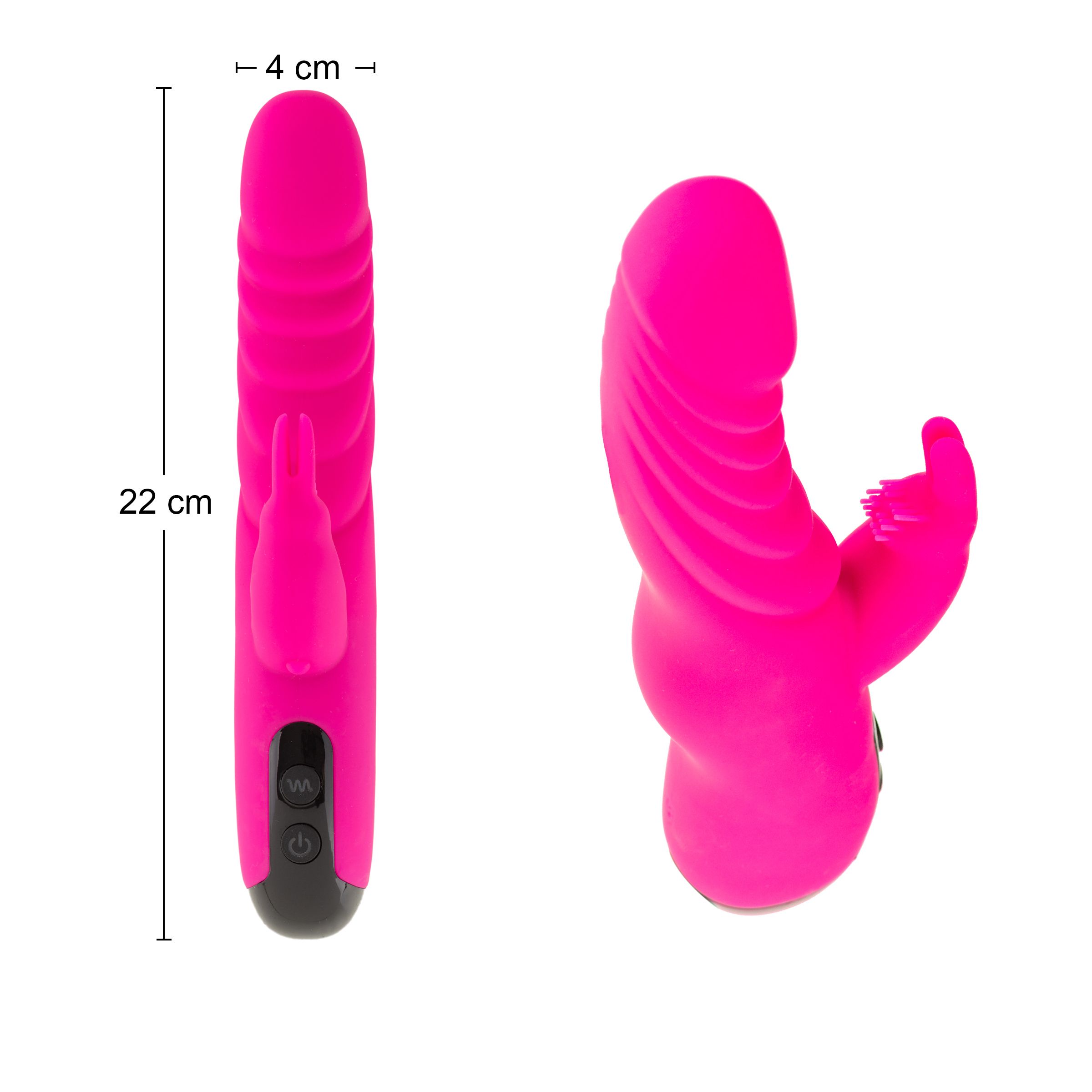 Zwei Ansichten eines pinkfarbenen Vibrators. Maße: 22 cm lang, 4 cm breit. Mit Knöpfen.