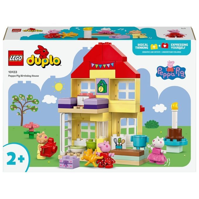 LEGO Duplo Peppa Pig Geburtstagshaus. Gelbes Haus mit rotem Dach, Figuren, Zubehör. Verpackung mit Logo und Altersempfehlung.