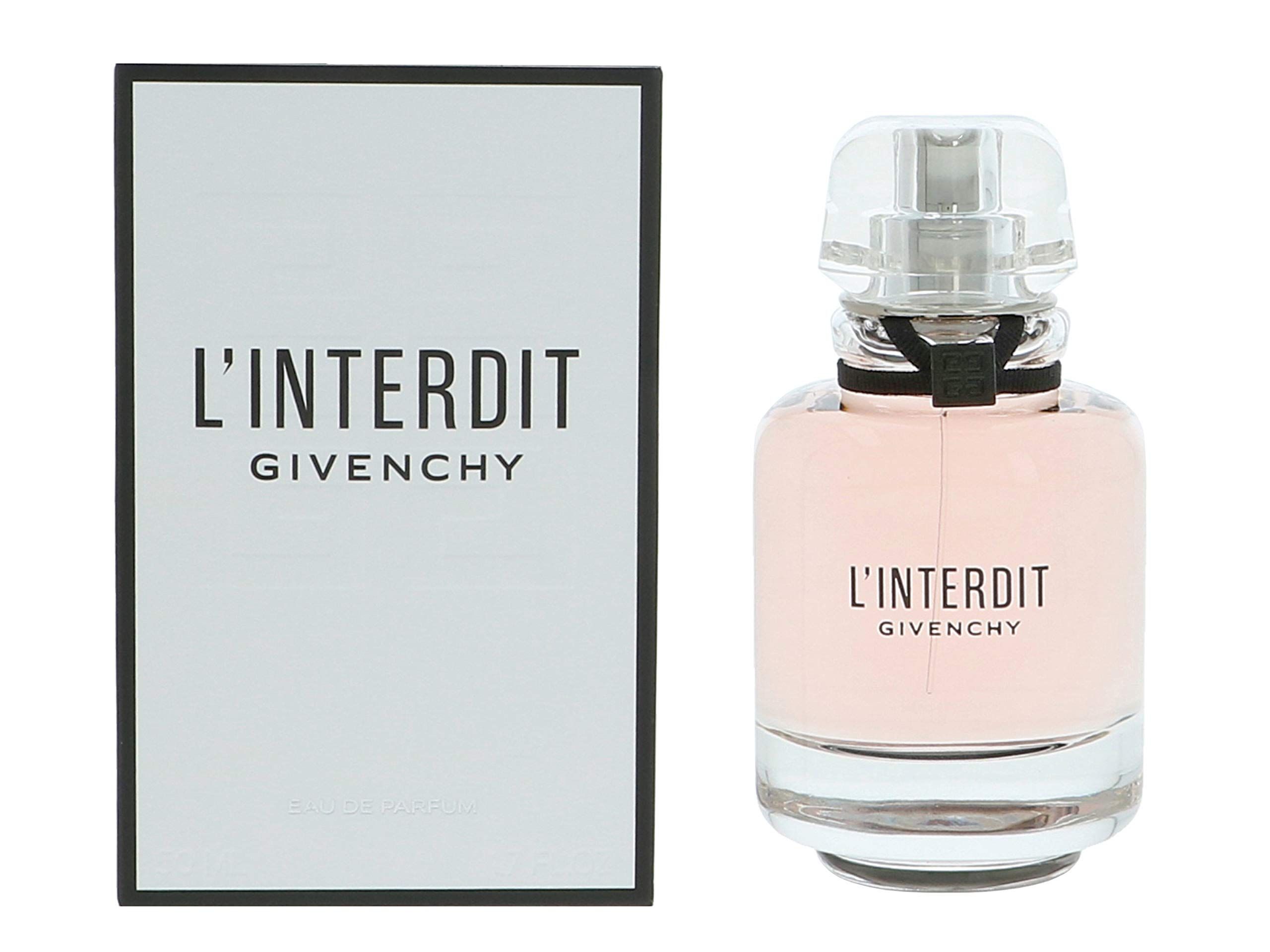 Parfümflakon und Schachtel. Flakon mit rosafarbenem Inhalt, transparentem Verschluss. Schachtel weiß mit schwarzer Schrift: L'Interdit Givenchy.