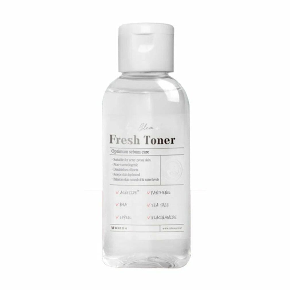 Klare Flasche mit weißem Deckel. Aufschrift: Fresh Toner. Enthält Inhaltsstoffe wie Acnotide, BHA, Tea Tree.