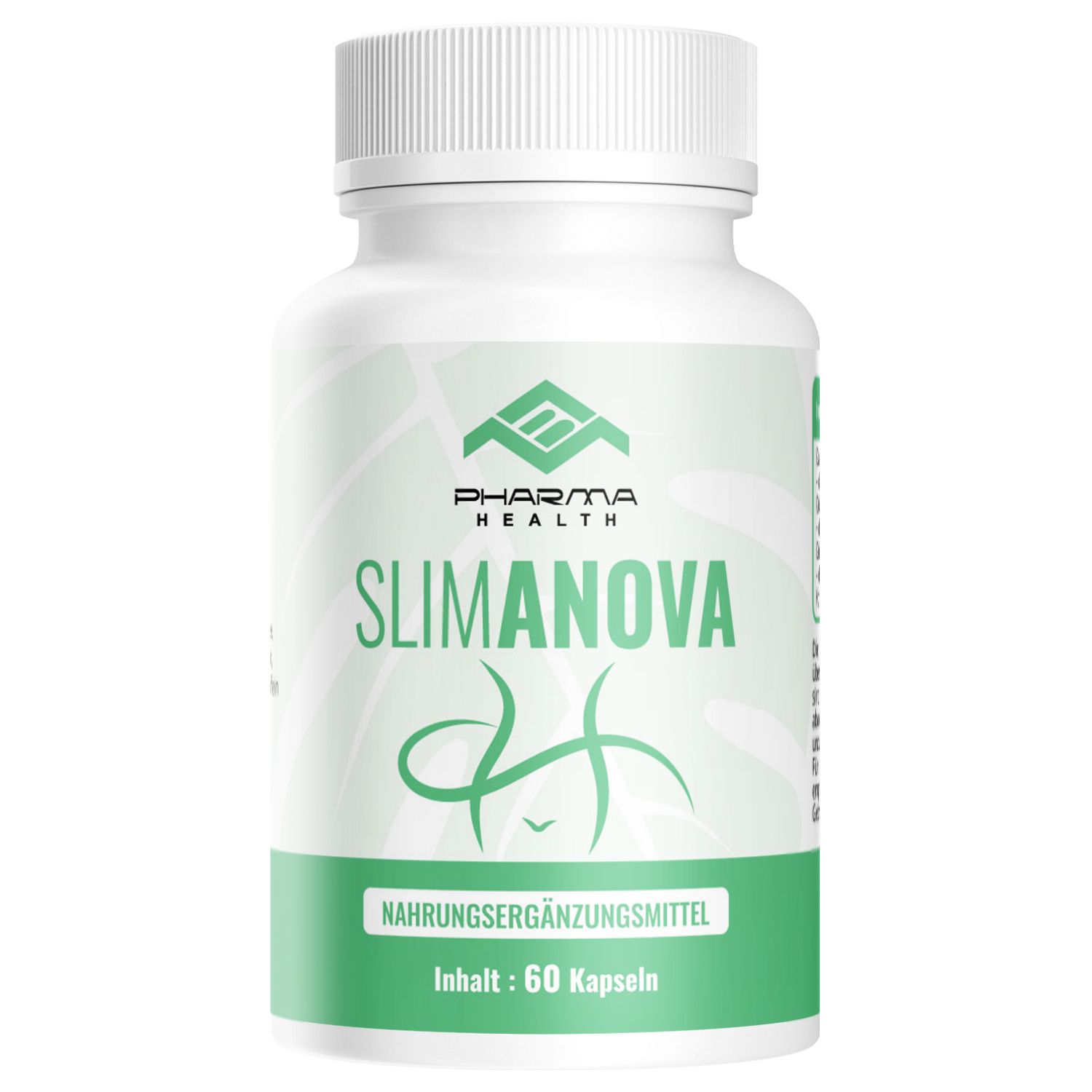 Weiße Flasche mit grünem Etikett. Aufschrift: Pharma Health, Slimanova, Nahrungsergänzungsmittel. Inhalt: 60 Kapseln.