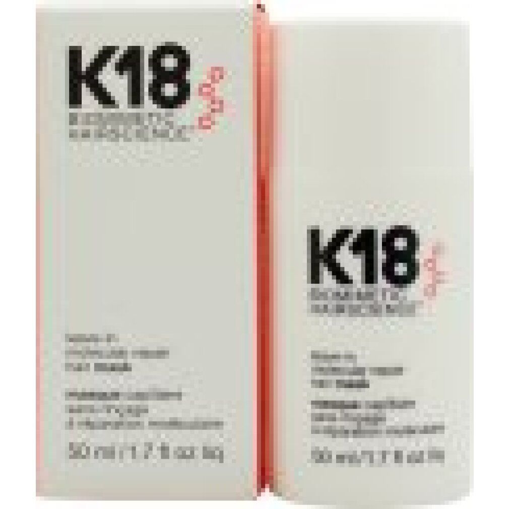 Produktverpackung mit Flasche und Karton. K18-Logo und Text. Enthält "leave-in molecular repair hair mask". Volumen: 50ml / 1.7 fl oz.