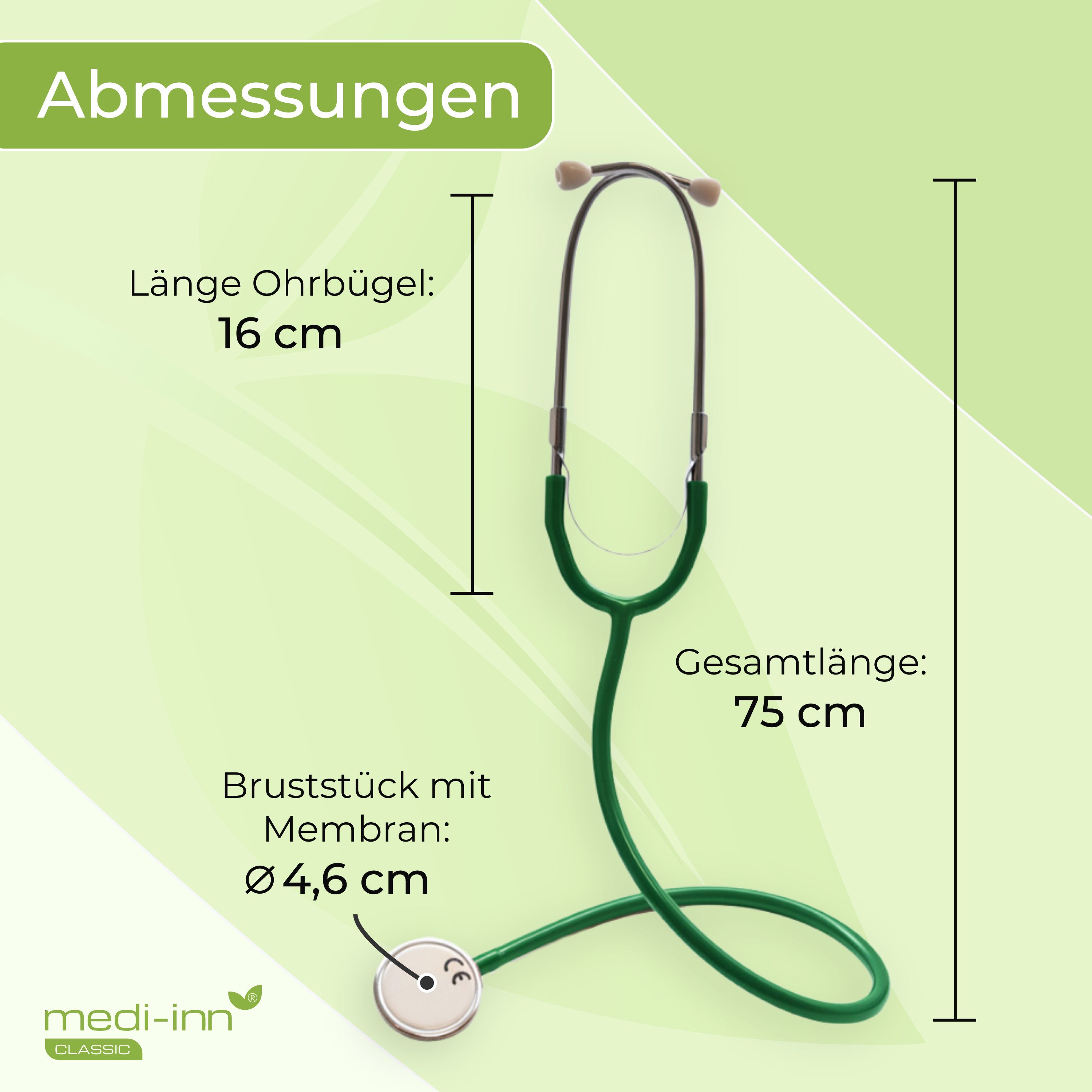 Grünes Stethoskop: Ohrbügel 16 cm, Gesamtlänge 75 cm, Bruststück-Durchmesser 4,6 cm.