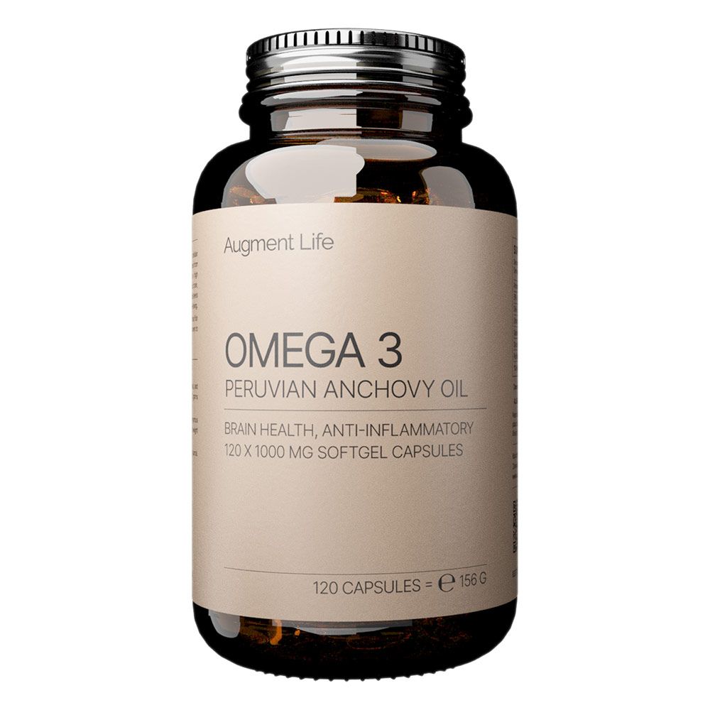 Braune Glasflasche mit Augment Life Omega 3 Fischölkapseln. Enthält 120 Kapseln à 1000 mg.