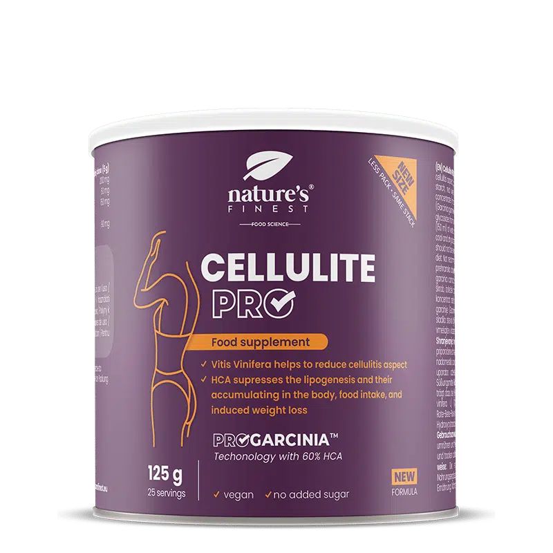 Dose Cellulite PRO Food Supplement, 125g, vegan, ohne Zuckerzusatz. Mit Abbildung einer Frau.