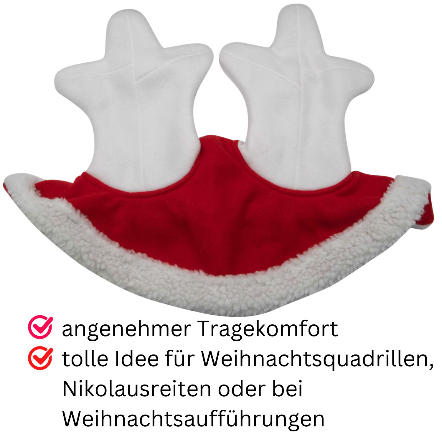 Rentiermütze mit rotem Kragen und weißen Geweihen. Text: angenehmer Tragekomfort, tolle Idee für Weihnachtsquadrillen.