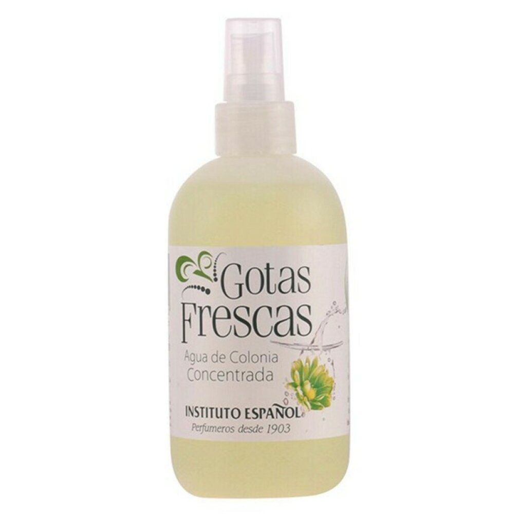 Weißer Sprühflakon mit klarer Flüssigkeit. Aufschrift: Gotas Frescas, Agua de Colonia Concentrada. INSTITUTO ESPAÑOL.