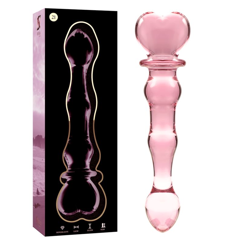 Rosa Glasdildo mit Herzspitze und geschwungenem Griff, Modell 21, in Verpackung.