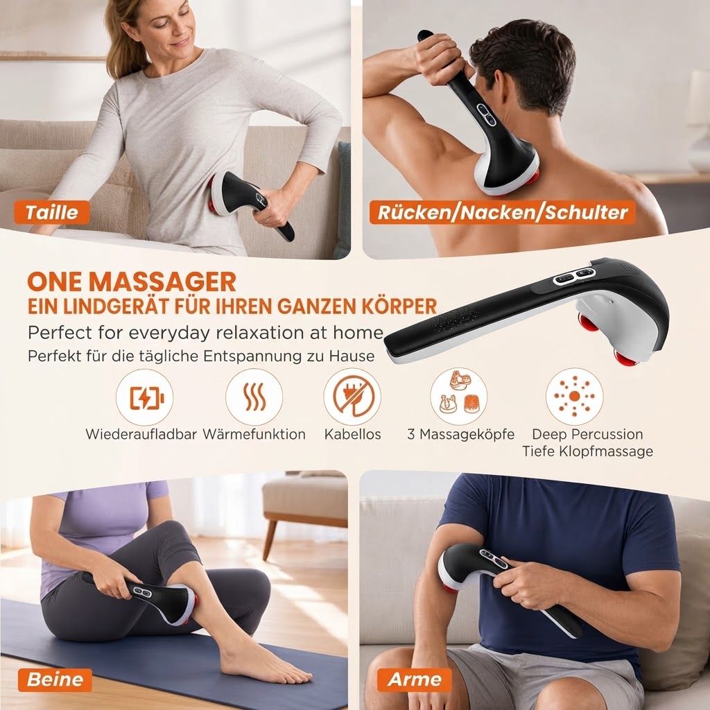 Vielseitiges Massagegerät für den ganzen Körper mit Wärmefunktion und 3 Massageköpfen.