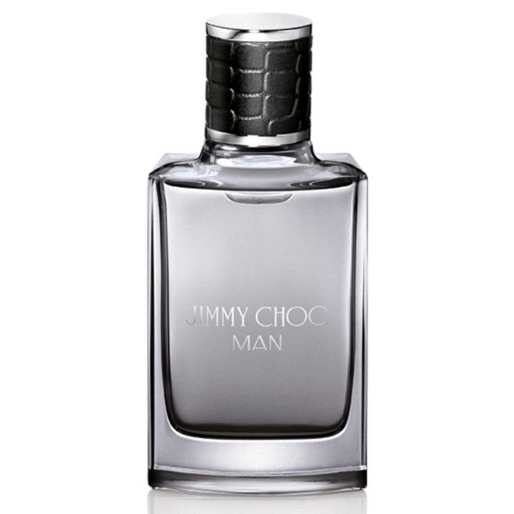 Jimmy Choo Man Eau de Toilette Flakon. Graue Glasflasche mit silbernem Deckel und Schriftzug.