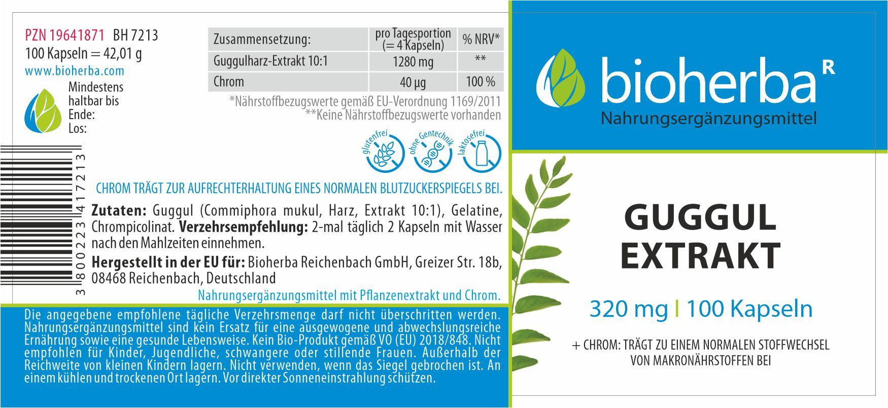 Etikett mit Produktinformationen. Enthält Guggul Extrakt, 320 mg, 100 Kapseln. Marke: Bioherba. Text in Deutsch.