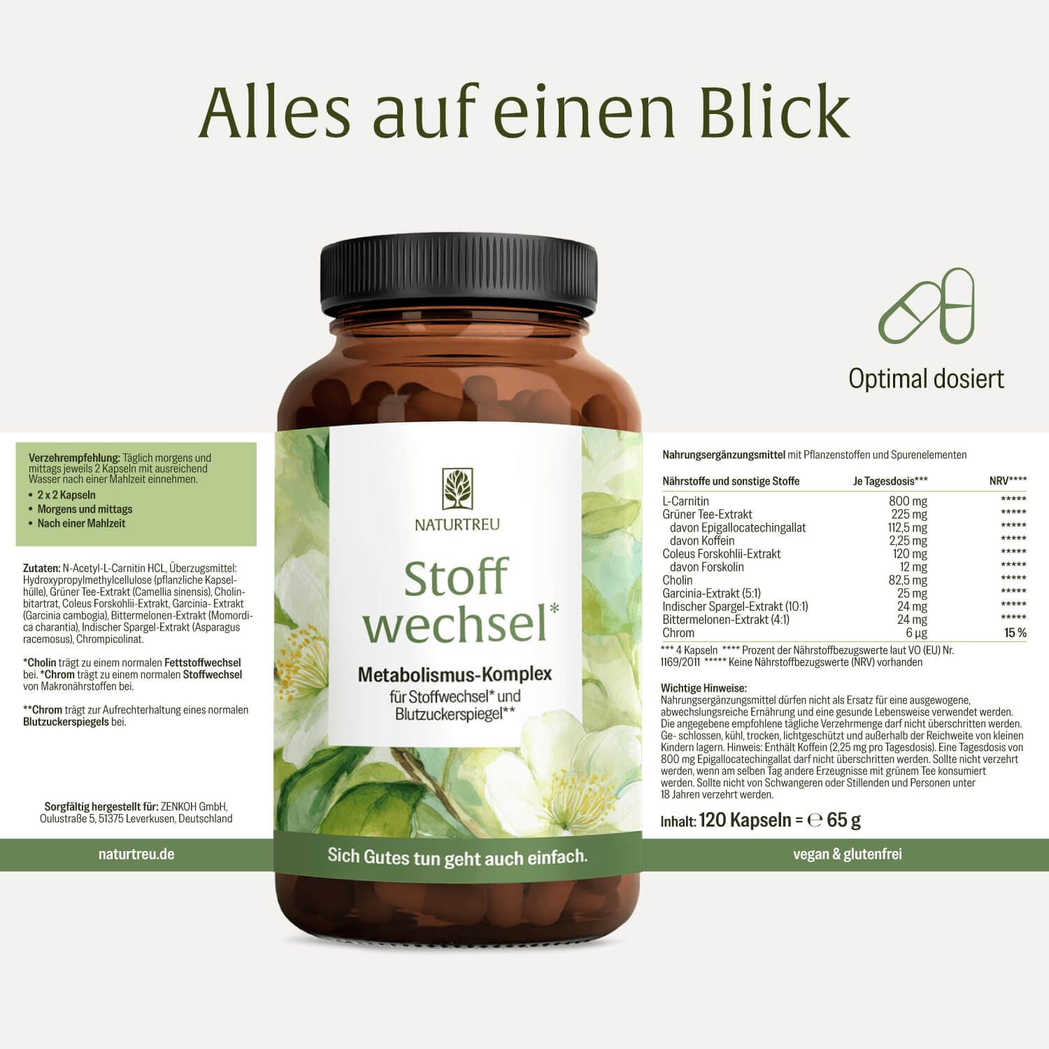 NATURTREU Stoffwechsel Kapseln in Braunglasflasche mit Nährwertangaben und Dosierungsinformationen.
