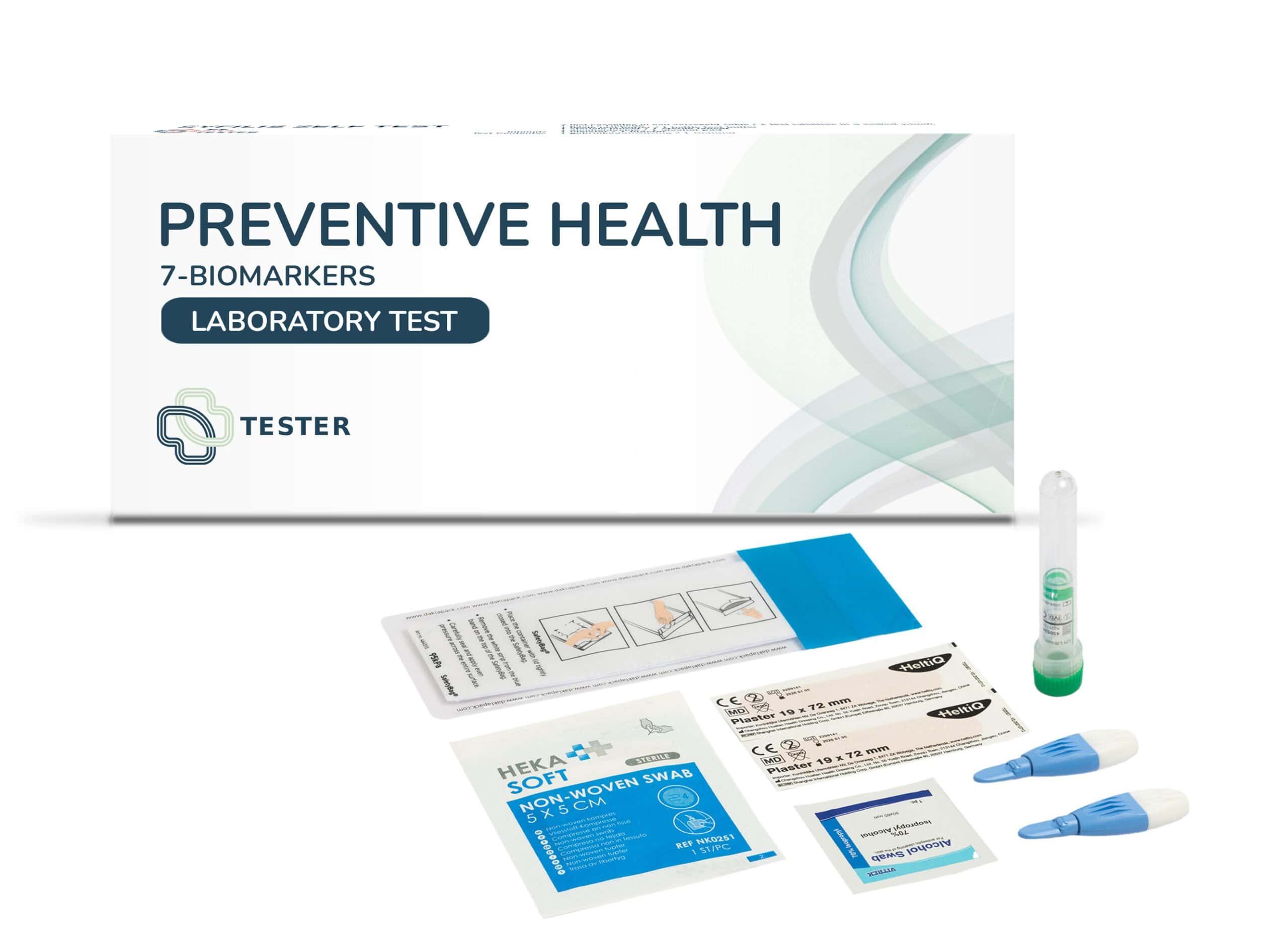 Vorsorge-Bluttest-Kit: Verpackung, Teströhrchen, Tupfer und Lanzetten.