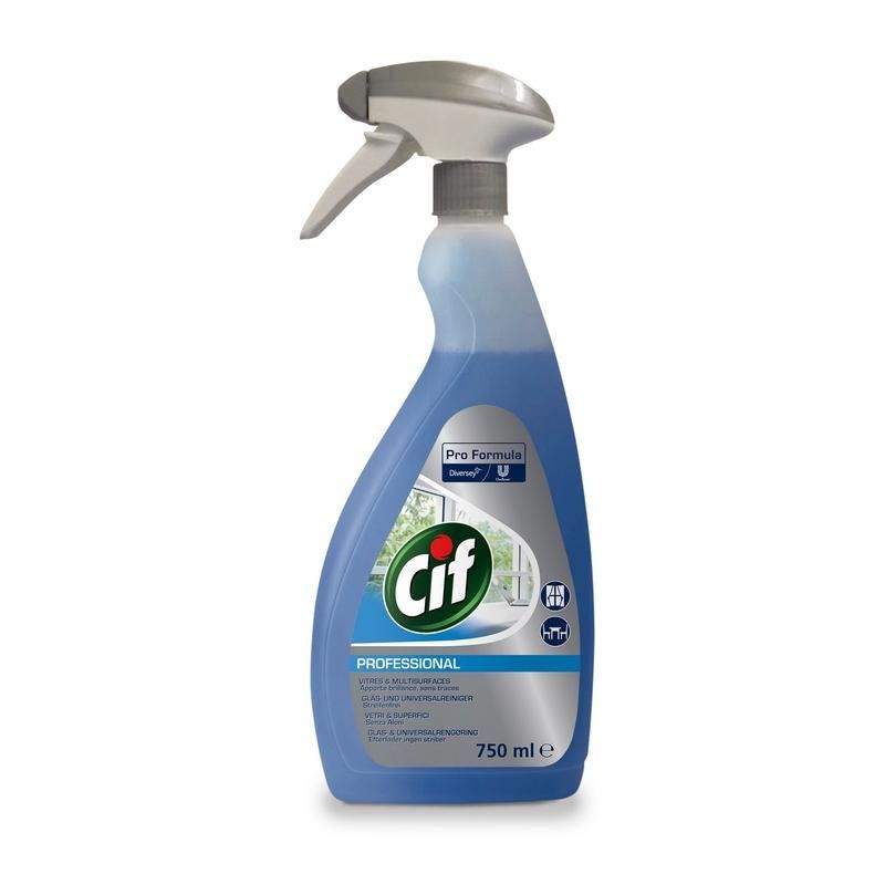 Blau-transparente Sprühflasche mit grauem Sprühkopf. Aufschrift Cif Professional. Enthält 750 ml.
