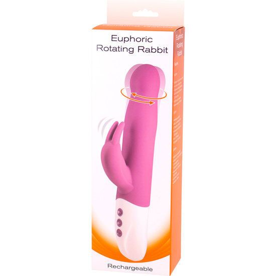 Rosa Vibrator in Verpackung. Aufschrift: "Euphoric Rotating Rabbit". Drei Knöpfe, weißer Sockel. Wiederaufladbar.