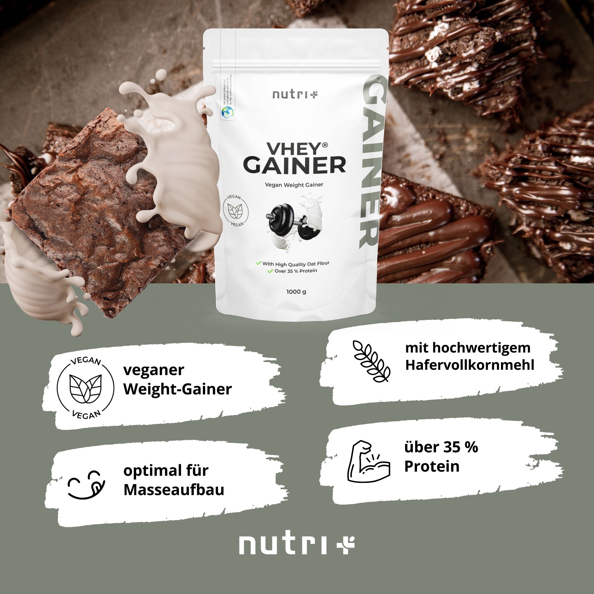 Produktverpackung neben Brownies. Textfelder mit Informationen: vegan, Weight-Gainer, Hafervollkornmehl, über 35% Protein, Masseaufbau.