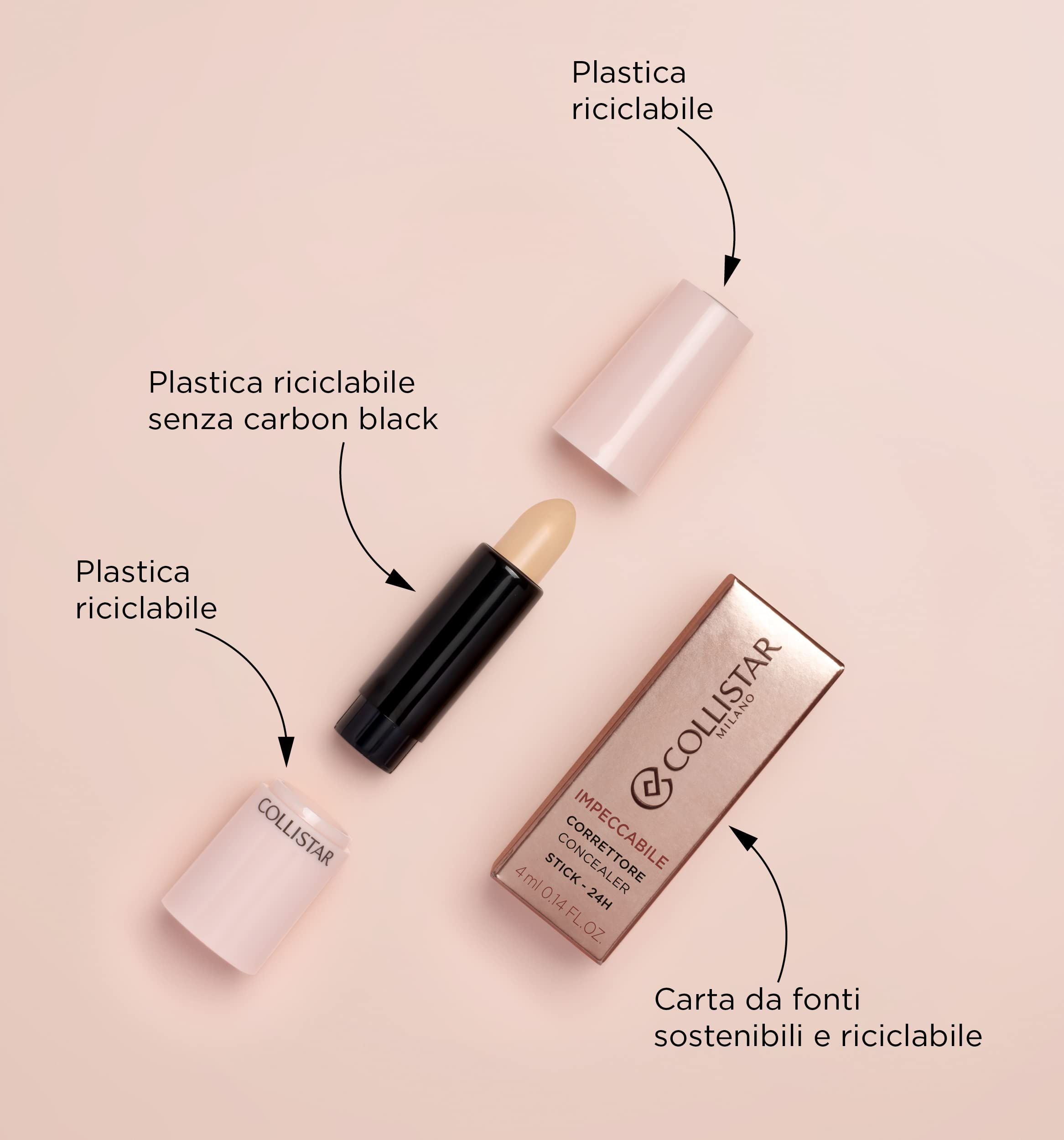 Geöffneter Kosmetikstift und Verpackung. Beschriftung: Impeccabile Correttore Stick 24H. Verpackung aus recycelbarem Material.