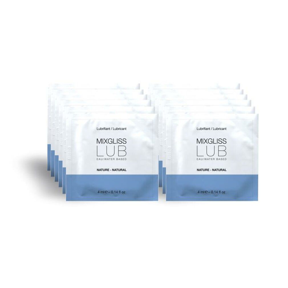 Mehrere Einzelpackungen Gleitgel. Weiße Beutel mit blauem Streifen und Produktbezeichnung. Aufschrift: MIXGLISS LUB, eau/water based, nature - natural.