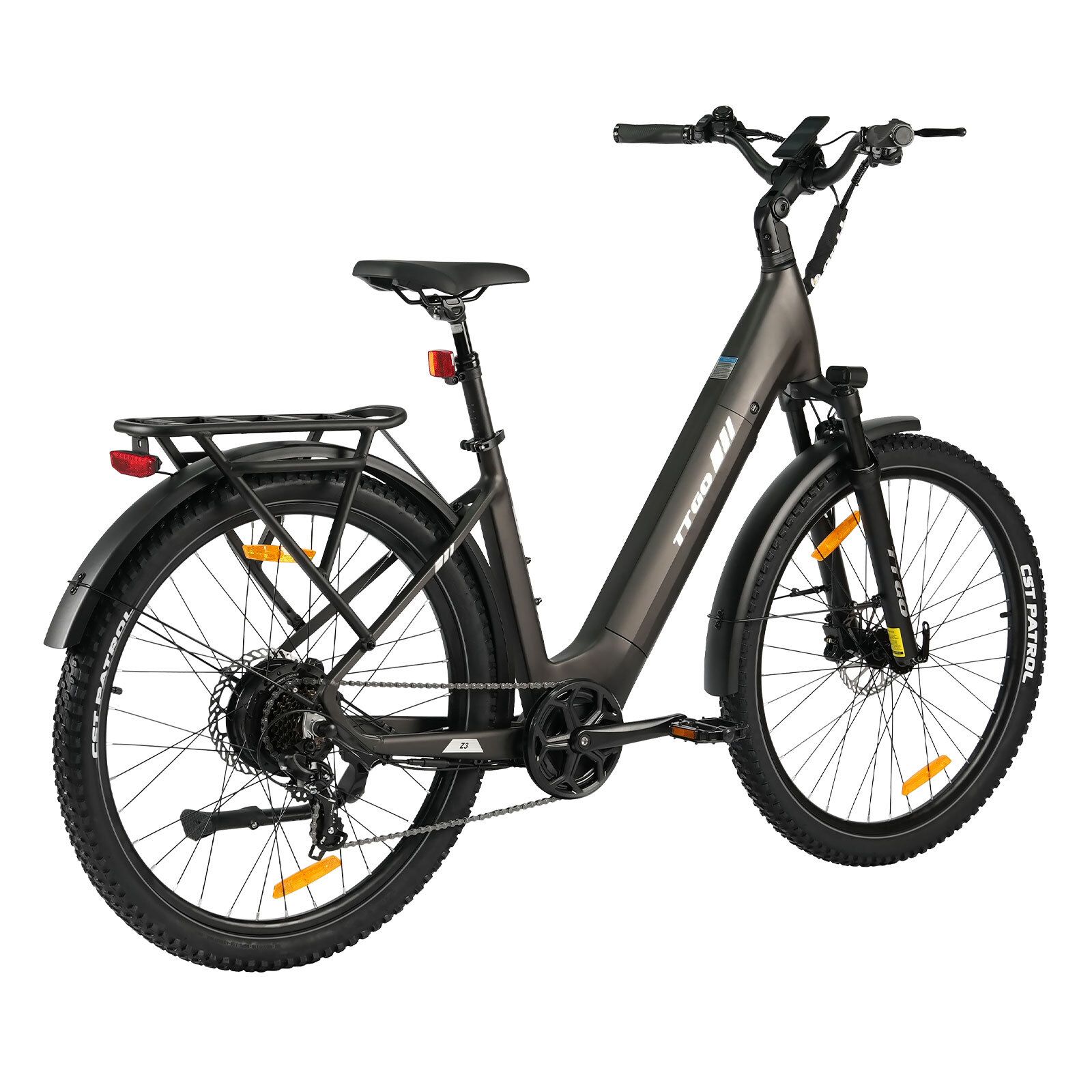 Dunkelgraues Elektrofahrrad mit Schutzblechen, Gepäckträger und hydraulischen Scheibenbremsen. Rücklicht sichtbar.