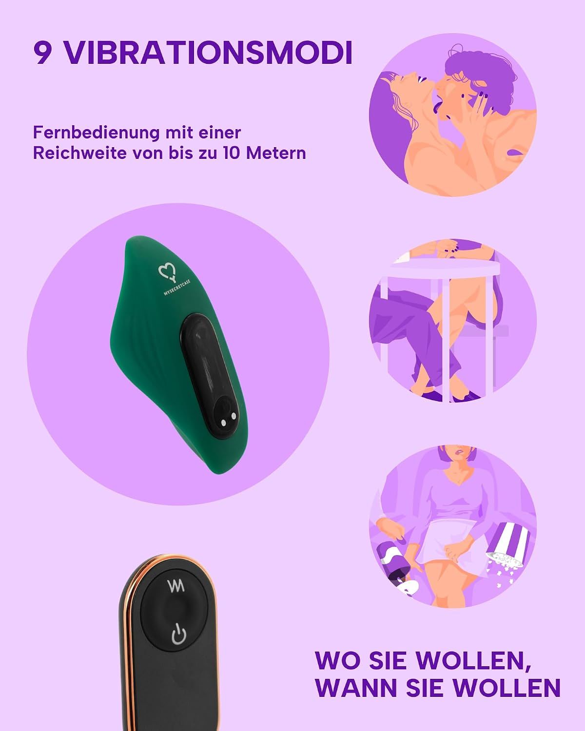 Grüner Vibrator mit 9 Vibrationsmodi und Fernbedienung bis 10 Meter Reichweite.