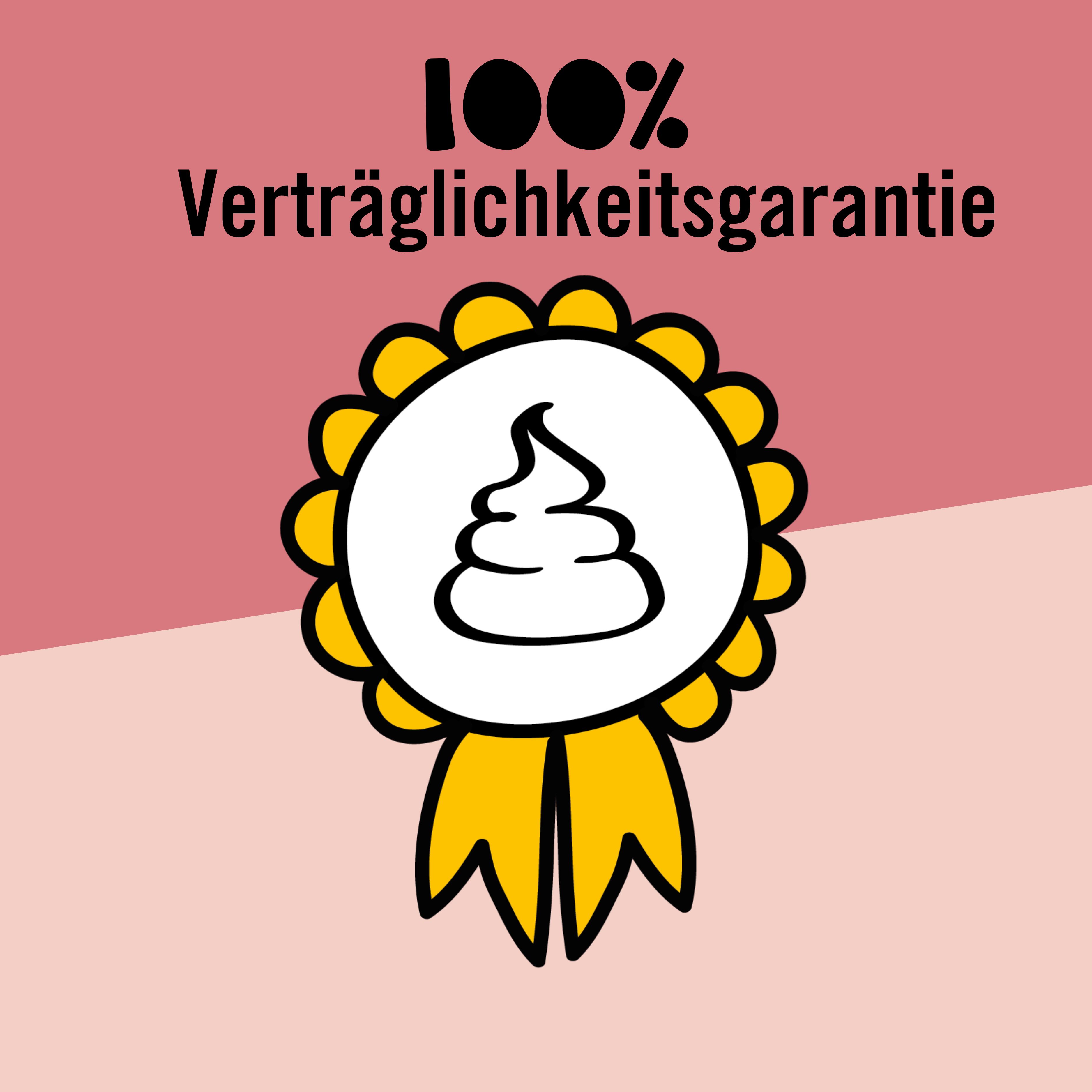 Abzeichen mit Stuhlsymbol und Text: 100% Verträglichkeitsgarantie.