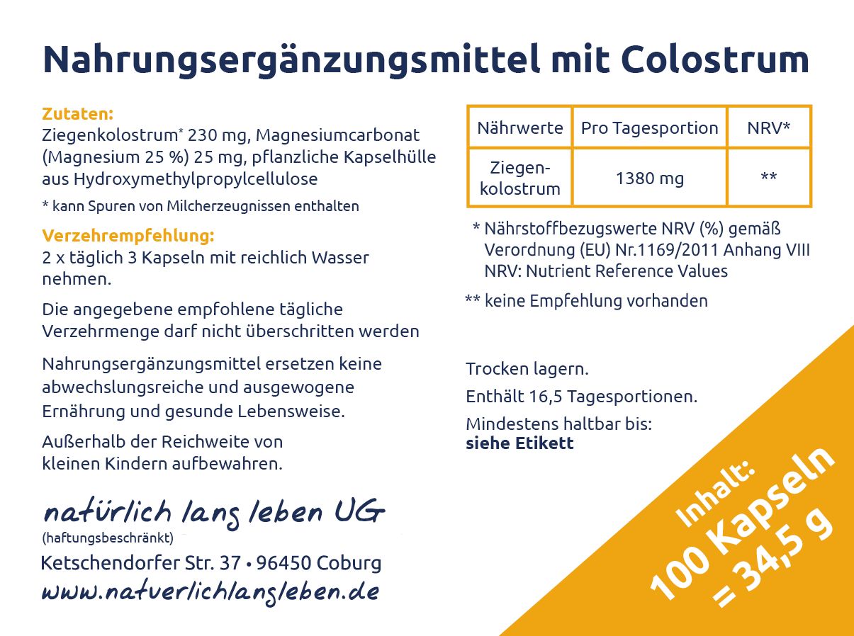 Etikett mit Informationen zu Nahrungsergänzungsmitteln mit Colostrum. Zutaten, Nährwerte, Verzehrempfehlung und Herstellerangaben sind aufgeführt.