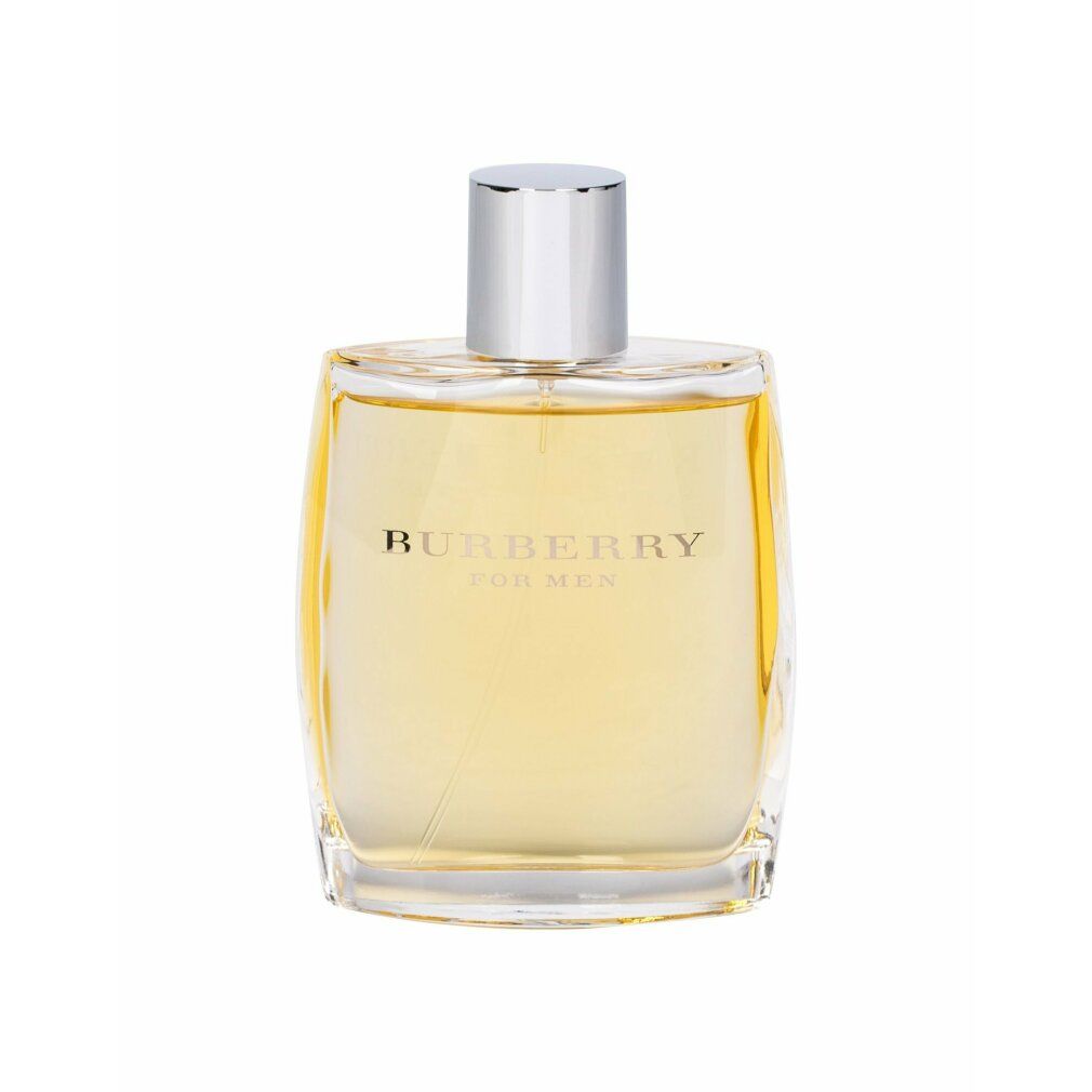 Burberry For Men Eau de Toilette Flakon. Rechteckige Form mit silbernem Verschluss. Text: Burberry, For Men.