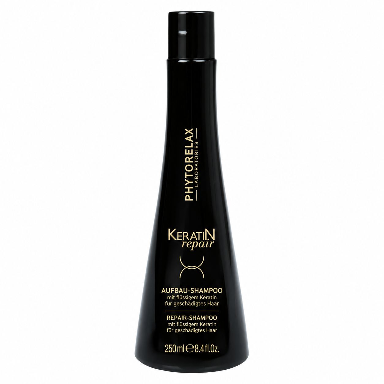 Schwarze Flasche Phytorelax Keratin Repair Shampoo, 250ml. Für geschädigtes Haar.