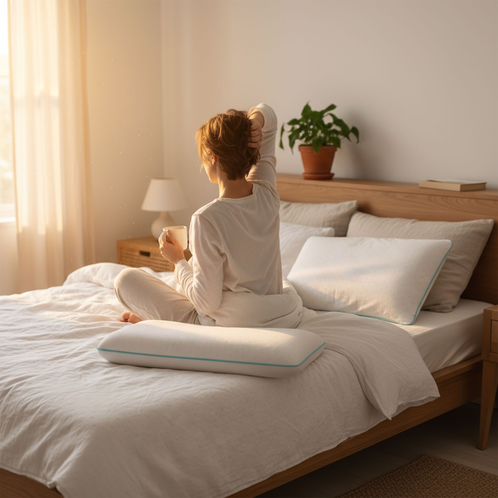 Frau sitzt auf Bett mit Kissen. Kissen mit blauer Umrandung.