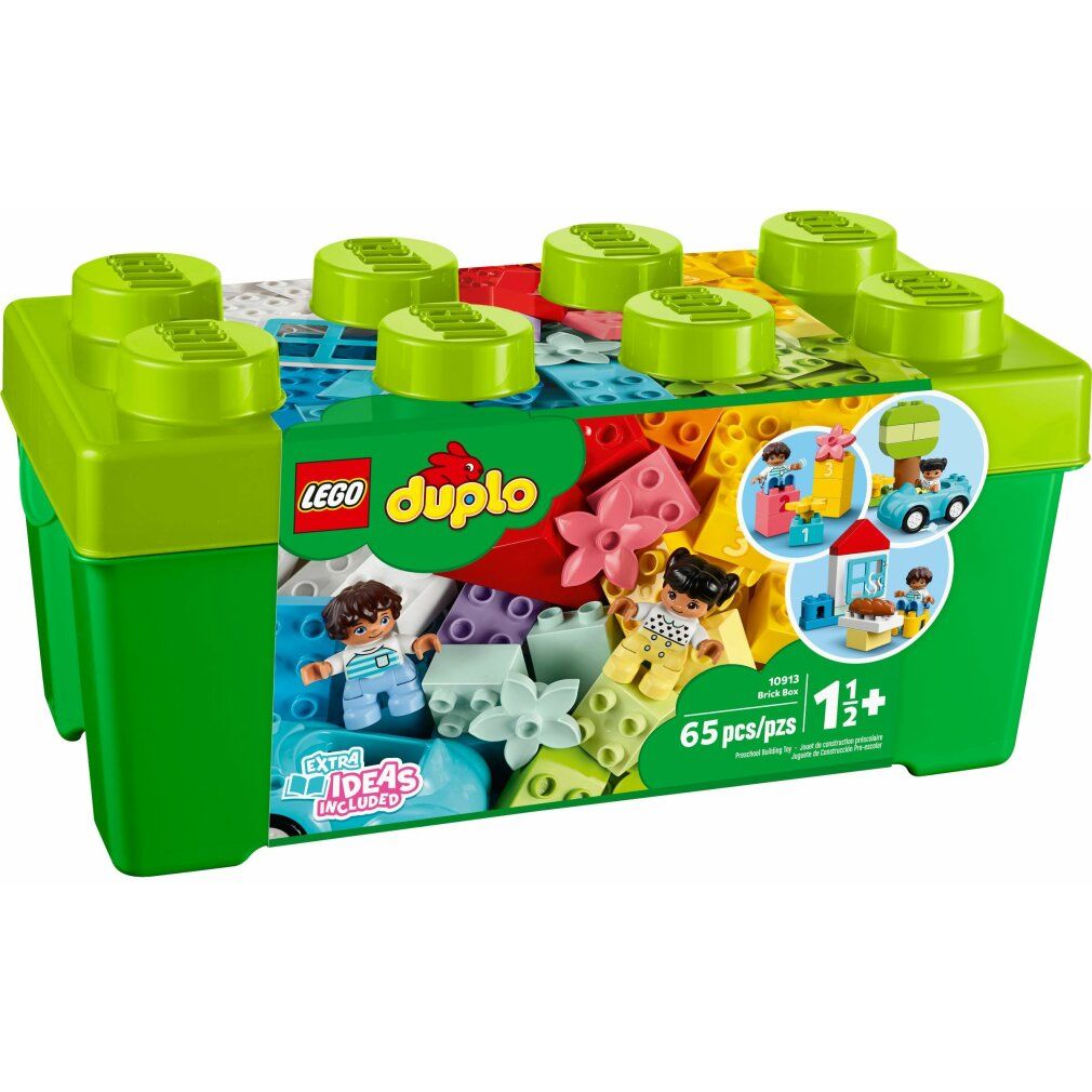 Grüne LEGO Duplo Brick Box mit bunten Steinen, Figuren und Blumen. Altersempfehlung 1 1/2+. 65 Teile.