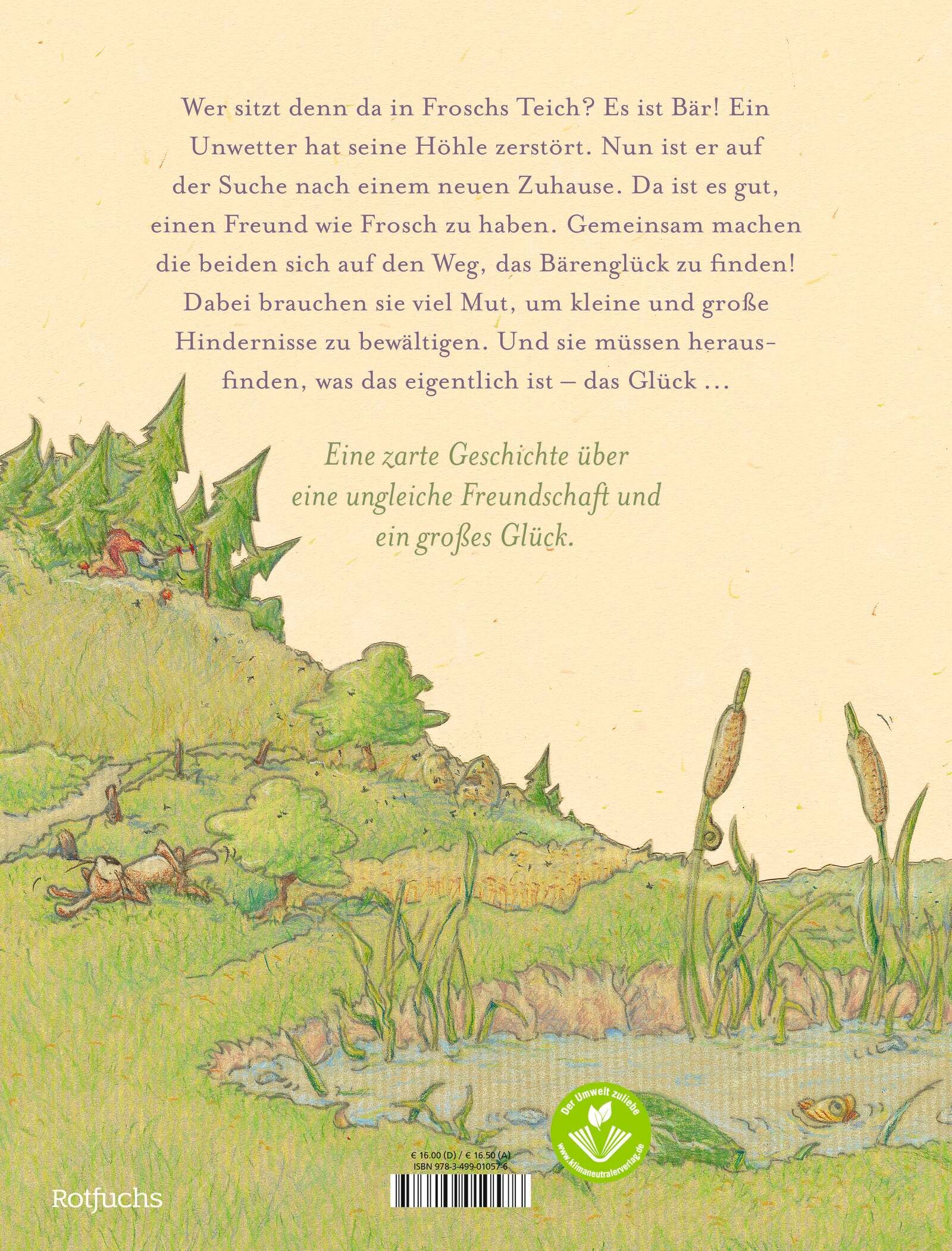 Rückseite des Buches: Komm, wir suchen das Glück, sagte der Frosch. Text über Freundschaft. Logo von Rotfuchs und ein Qualitätssiegel.