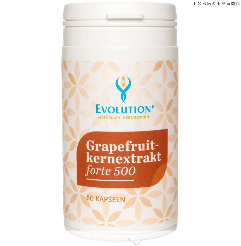 Weißes Behältnis mit Aufschrift "Evolution". Orangefarbener Bereich mit "Grapefruitkernextrakt forte 500" und "60 Kapseln".